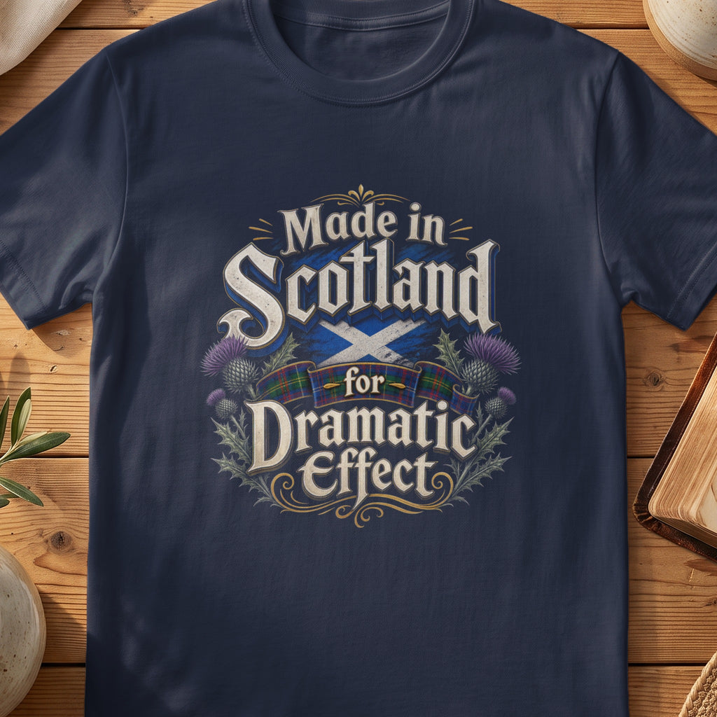 Navy Gildan 64000 unisex T-shirt flatlay with Made in Scotland for Dramatic Effect Thistle Scottish graphic design