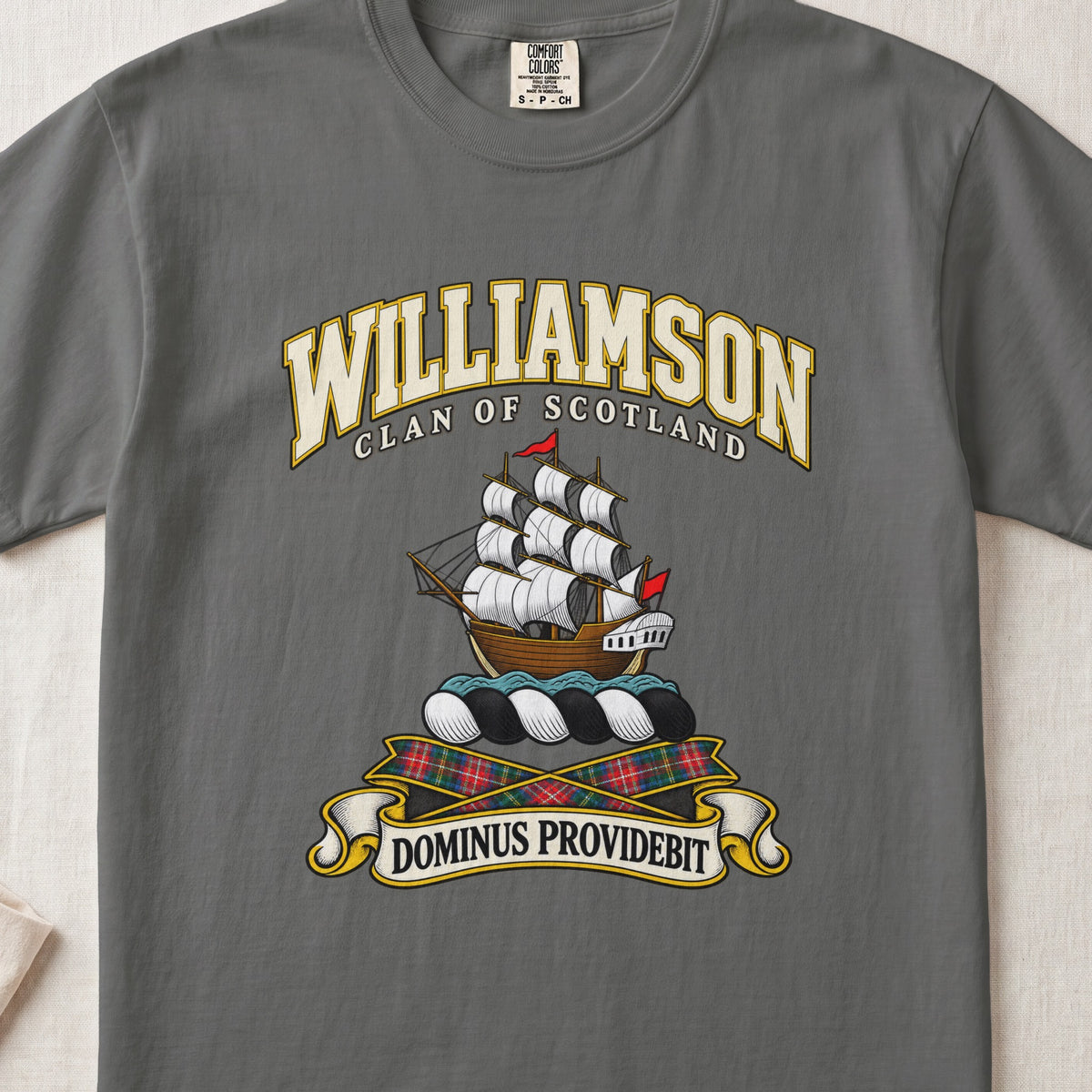 Williamson Scottish clan T-shirt in Pepper, front view with a sailing ship with white sails and motto banner.