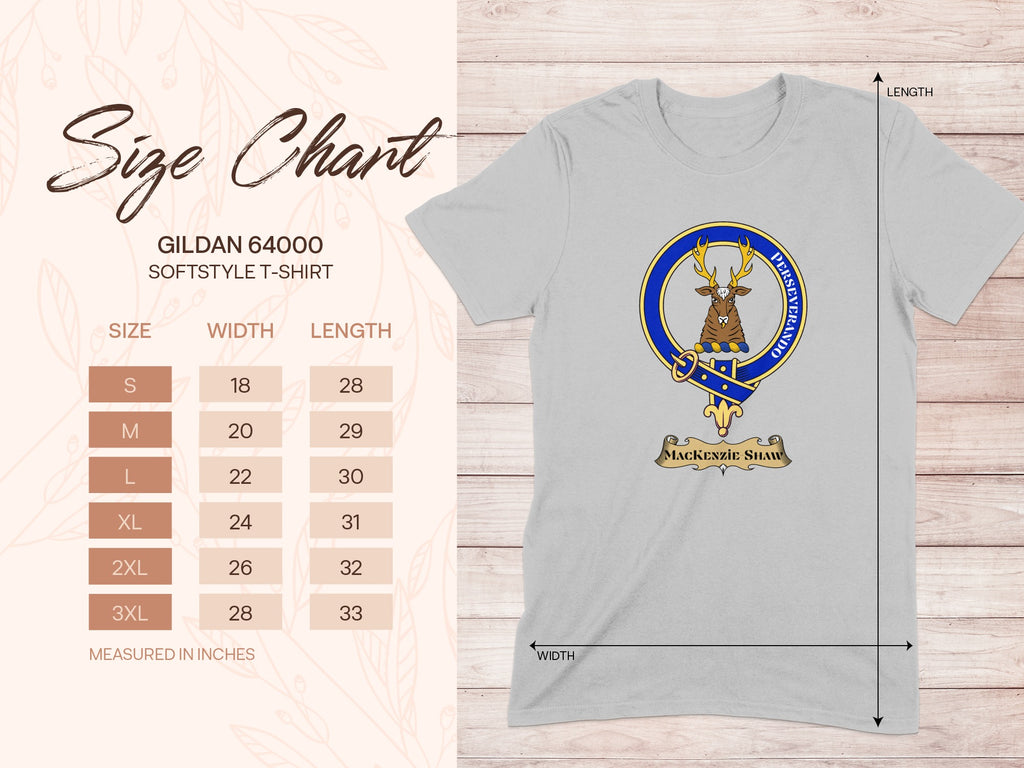 Gildan 64000 size chart for Mackenzie Shaw Scottish clan crest T-shirt