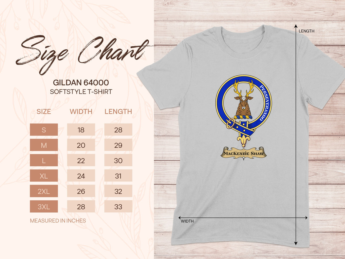 Gildan 64000 size chart for Mackenzie Shaw Scottish clan crest T-shirt