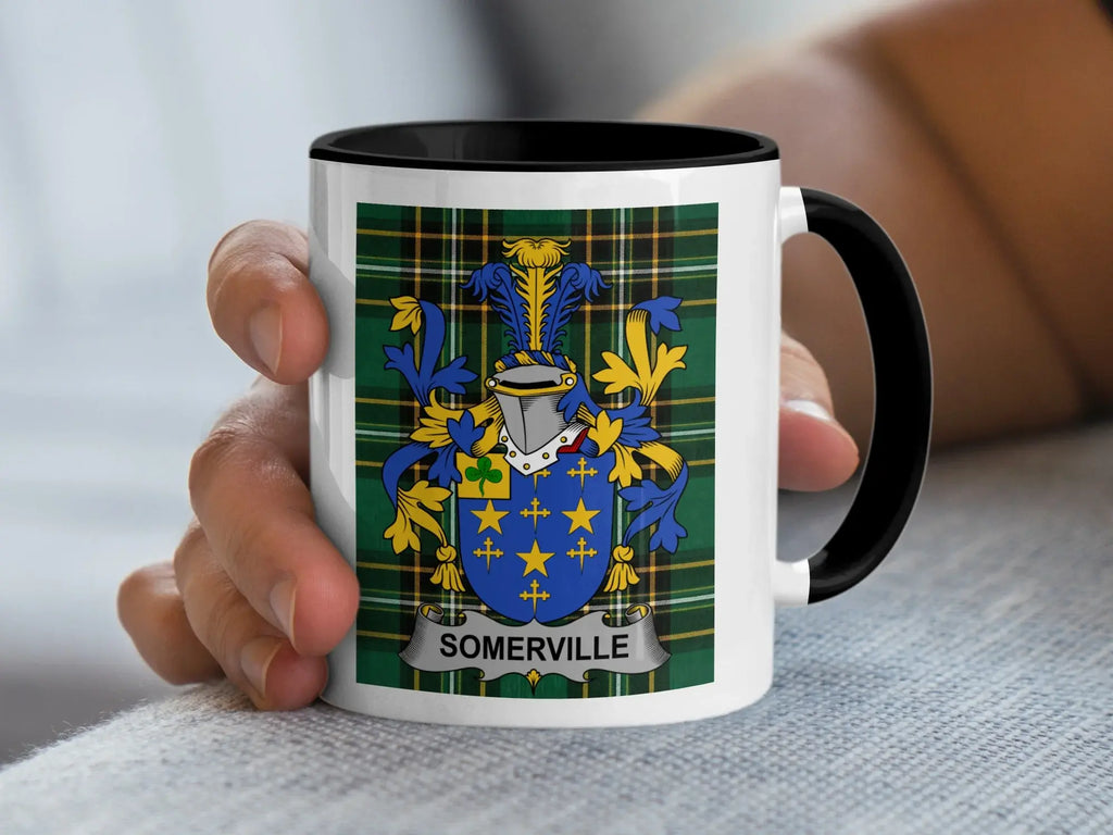 Somerville Irish family crest black accent mug with Irish National Tartan
