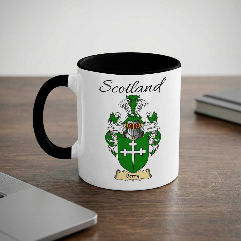 Berry Scottish family crest accent mug with Scotland lettering and coat of arms artwork