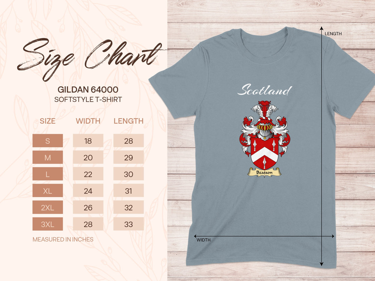 Gildan 64000 size chart for Beatson Scottish family shield T-shirt