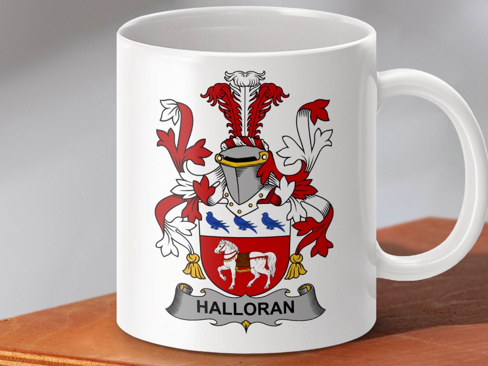 Halloran Irish Surname Family Crest Coat Arms Heraldry mug - Celtic Ancestry Gifts