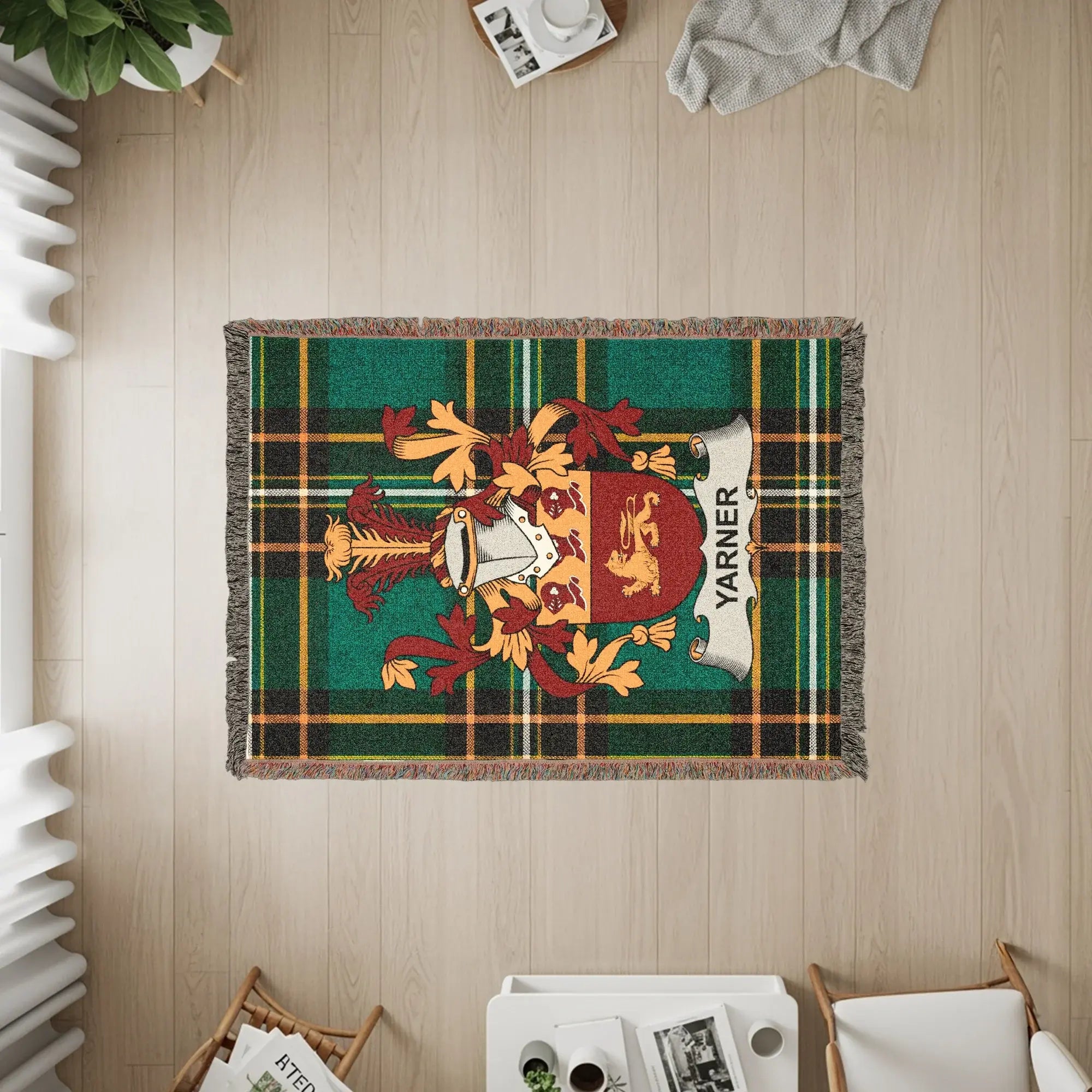 Yarner tartan rug with crest.