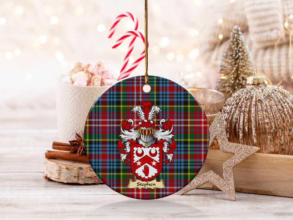 Double-sided Stephen ceramic ornament with family shield and Caledonia tartan background