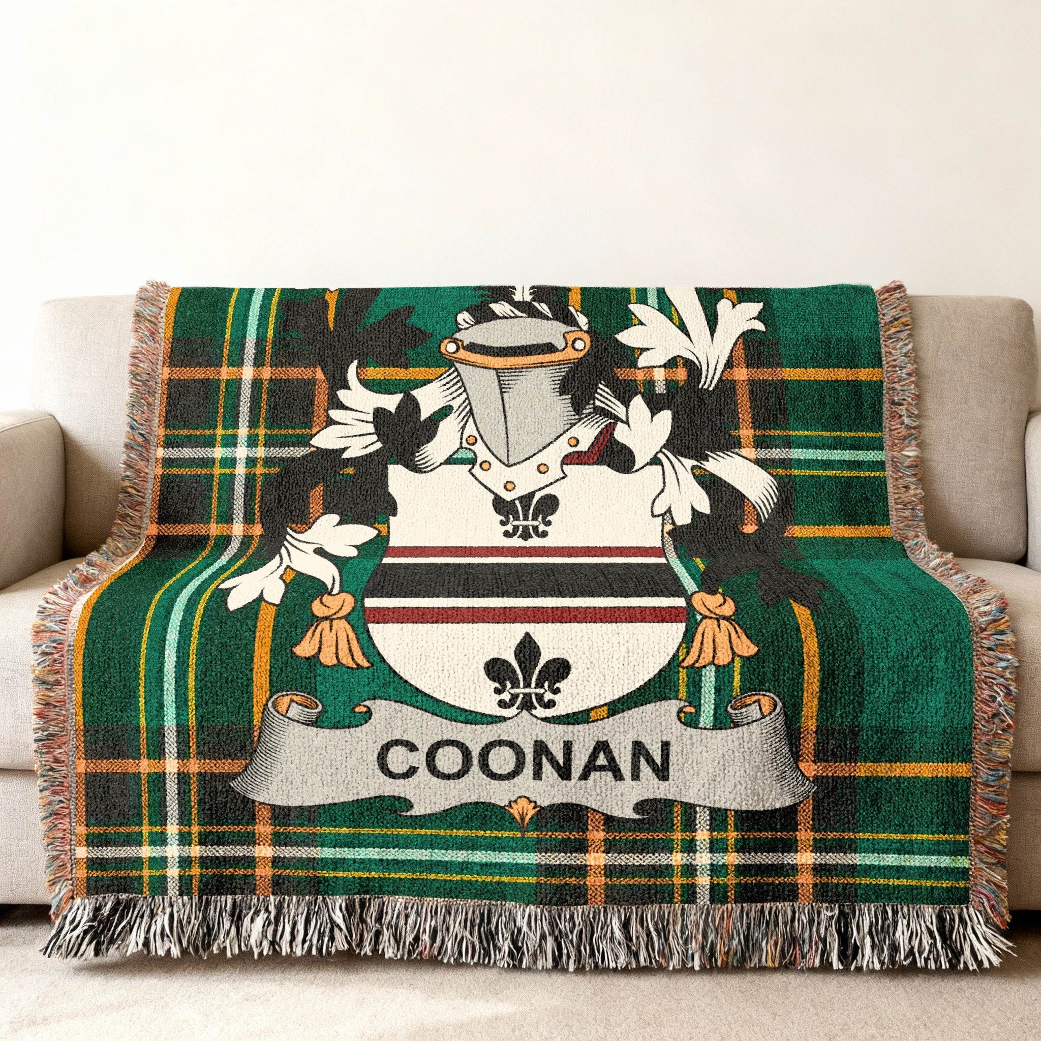 Coonan Family Crest Plaid Green Fringed Throw Blanket