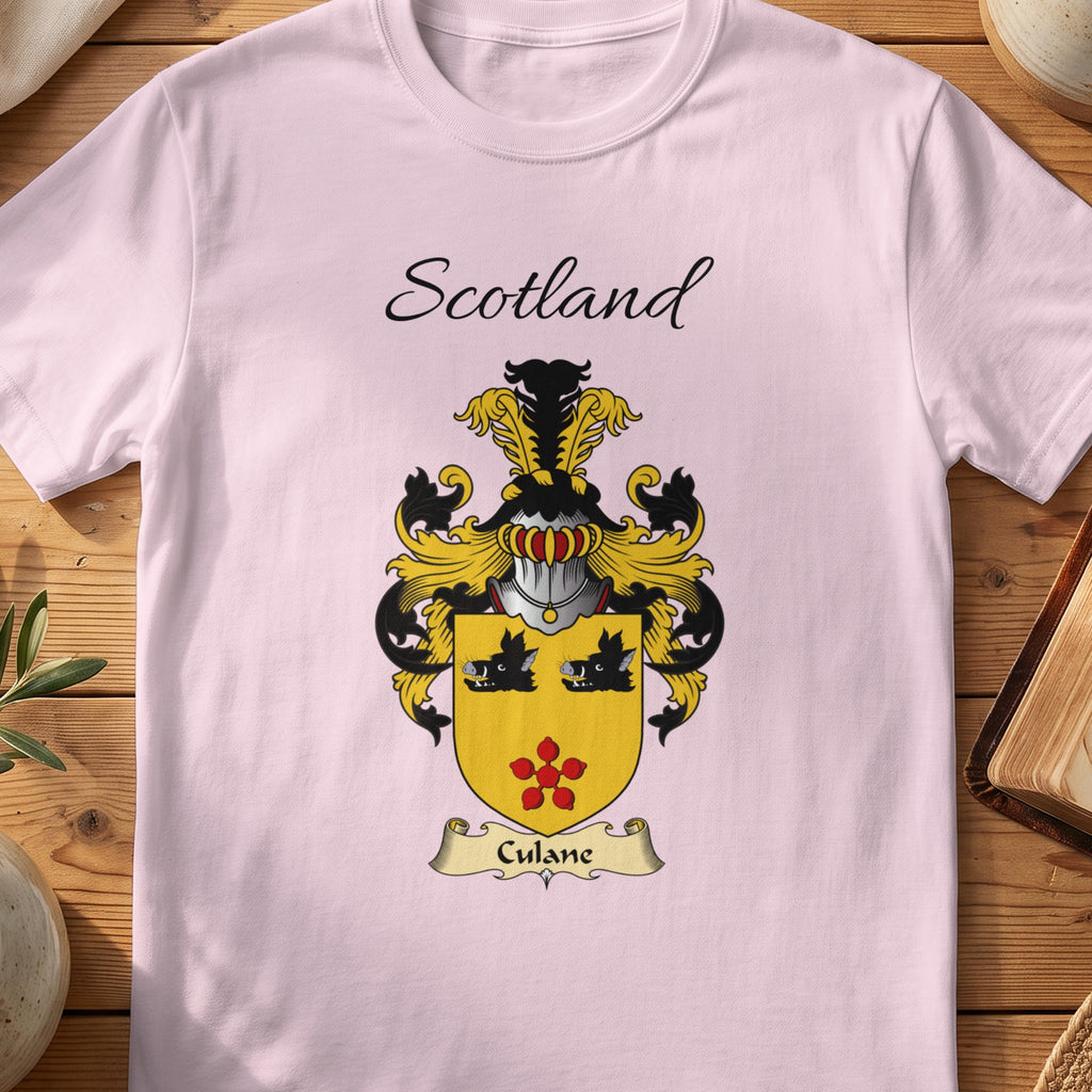 Light Pink Culane Scottish family shield T-shirt featuring two black boar heads above a red flower