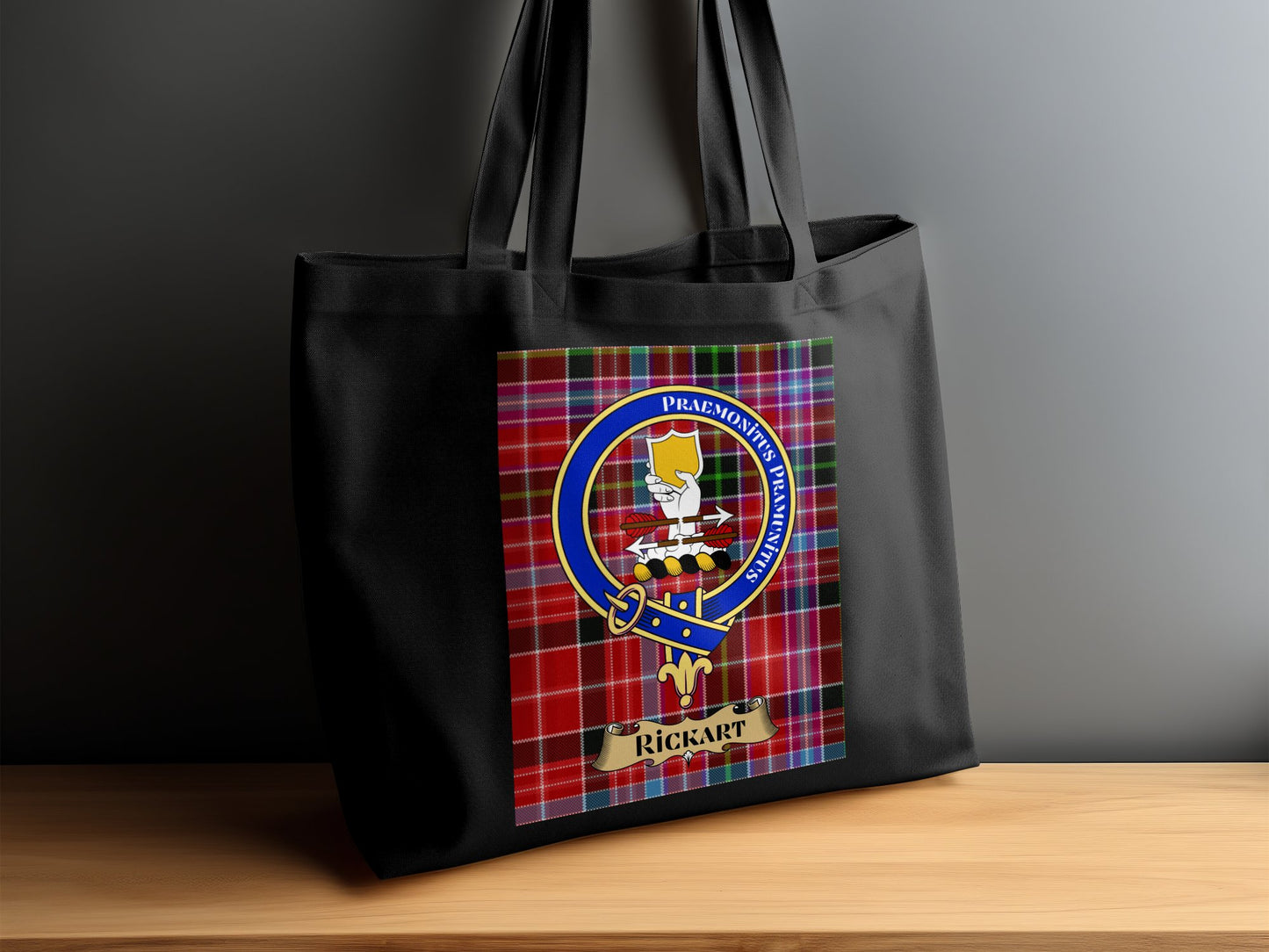 Scottish Clan Crest on Tartan Background Rickart Tote Bag - Living Stone Gifts