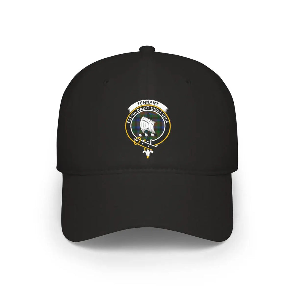 Clan Tennant plena dabit deus vela crest printed black cap — ship emblem, front view