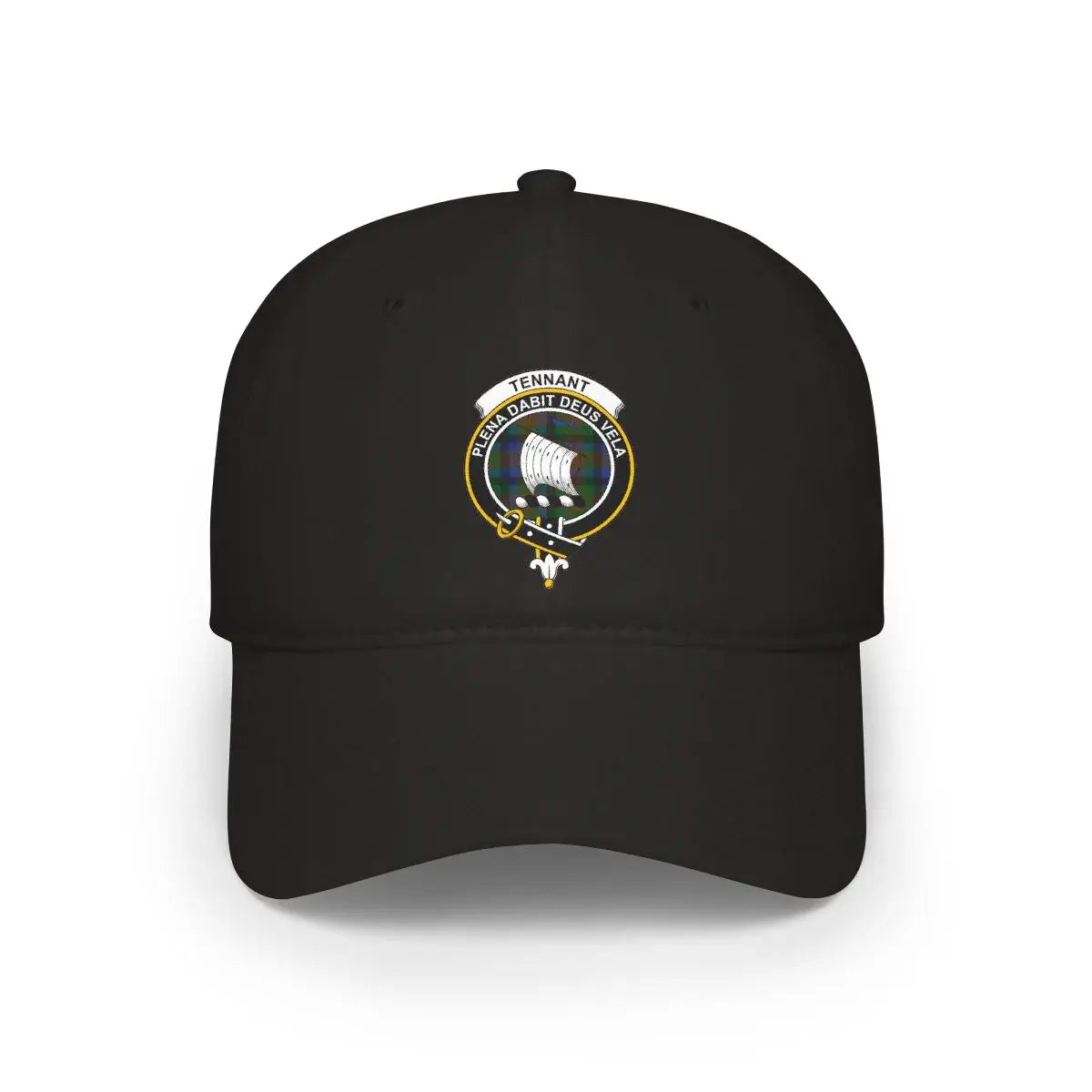 Clan Tennant plena dabit deus vela crest printed black cap — ship emblem, front view