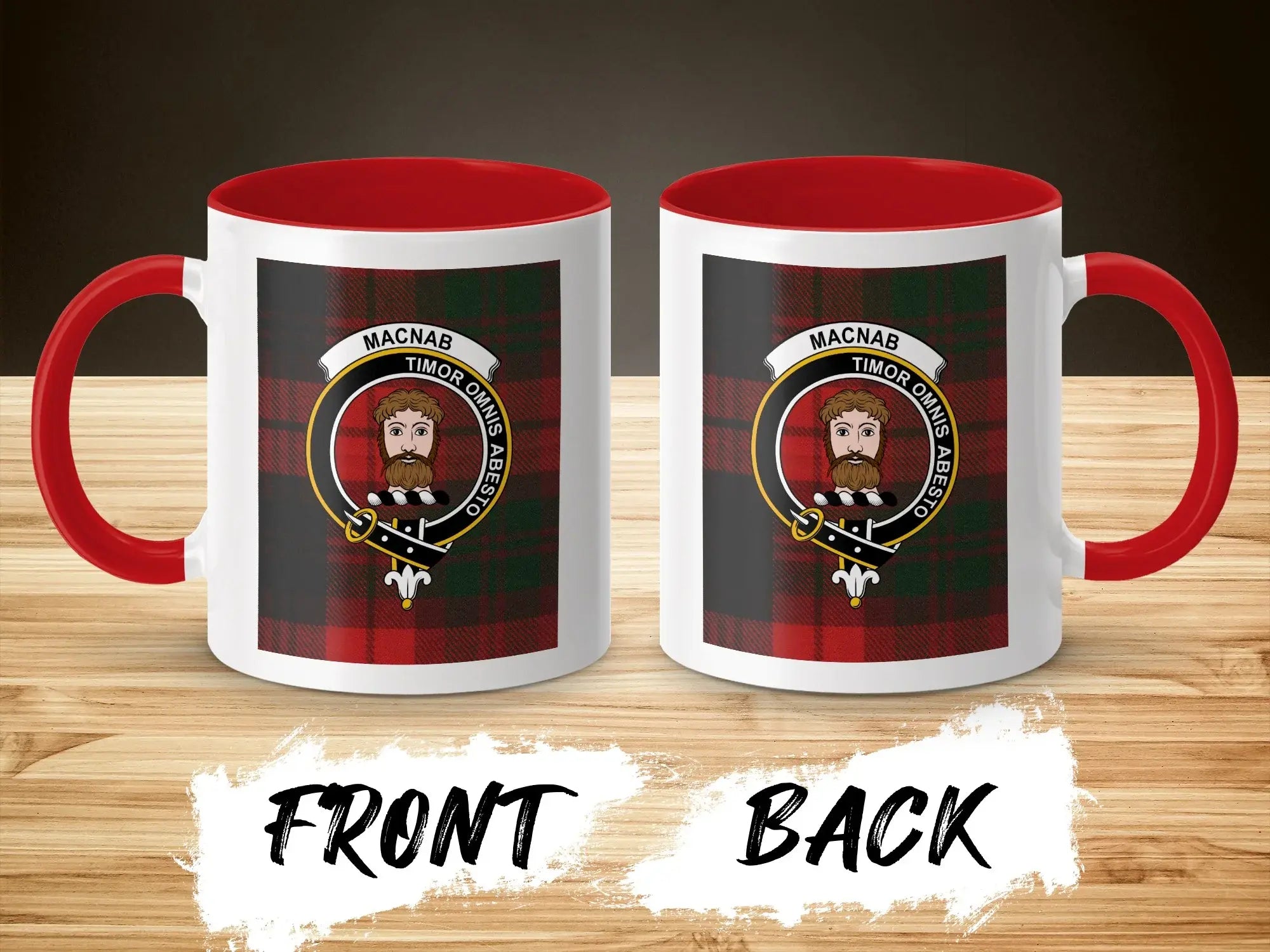 MacNab clan crest accent mug with red handle — Timor Omnis Abesto tartan 11 oz ceramic