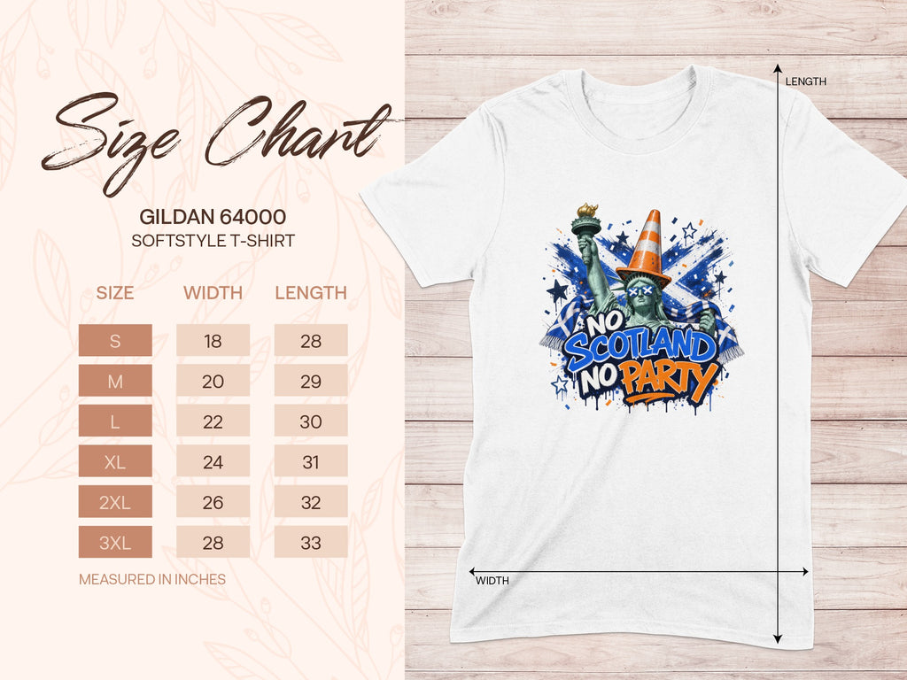 Gildan 64000 softstyle t-shirt size chart and graphic.