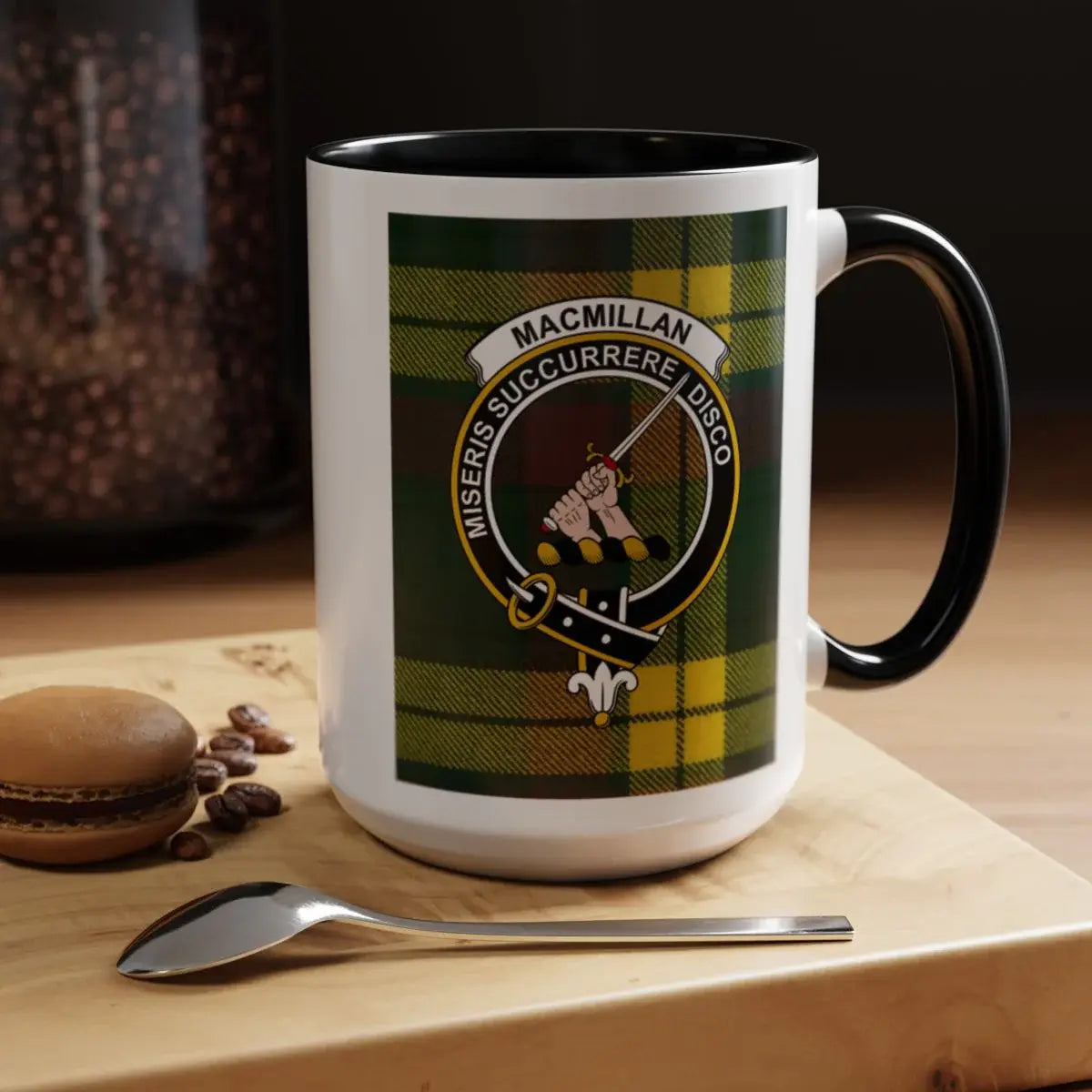 Clan MacMillan crest mug with navy handle — 15oz ceramic tartan design