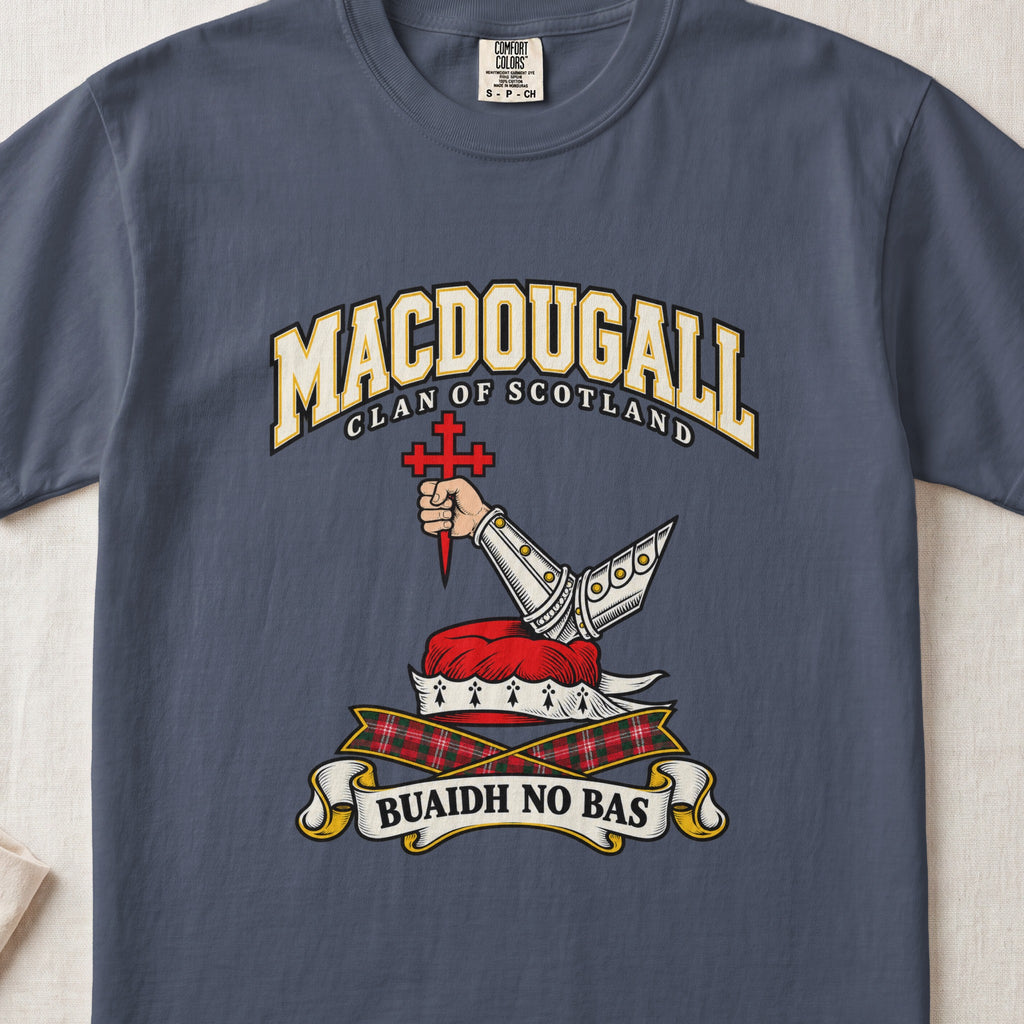 MacDougall graphic T-shirt in Midnight blue, front flat lay showing varsity lettering and bent arm in silver armour holding a pointed red cross.