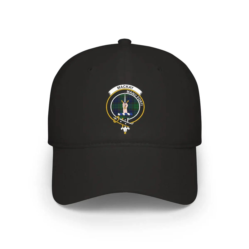 MacKay Manu Forti emblem black cap — 100% cotton with clan heraldic design