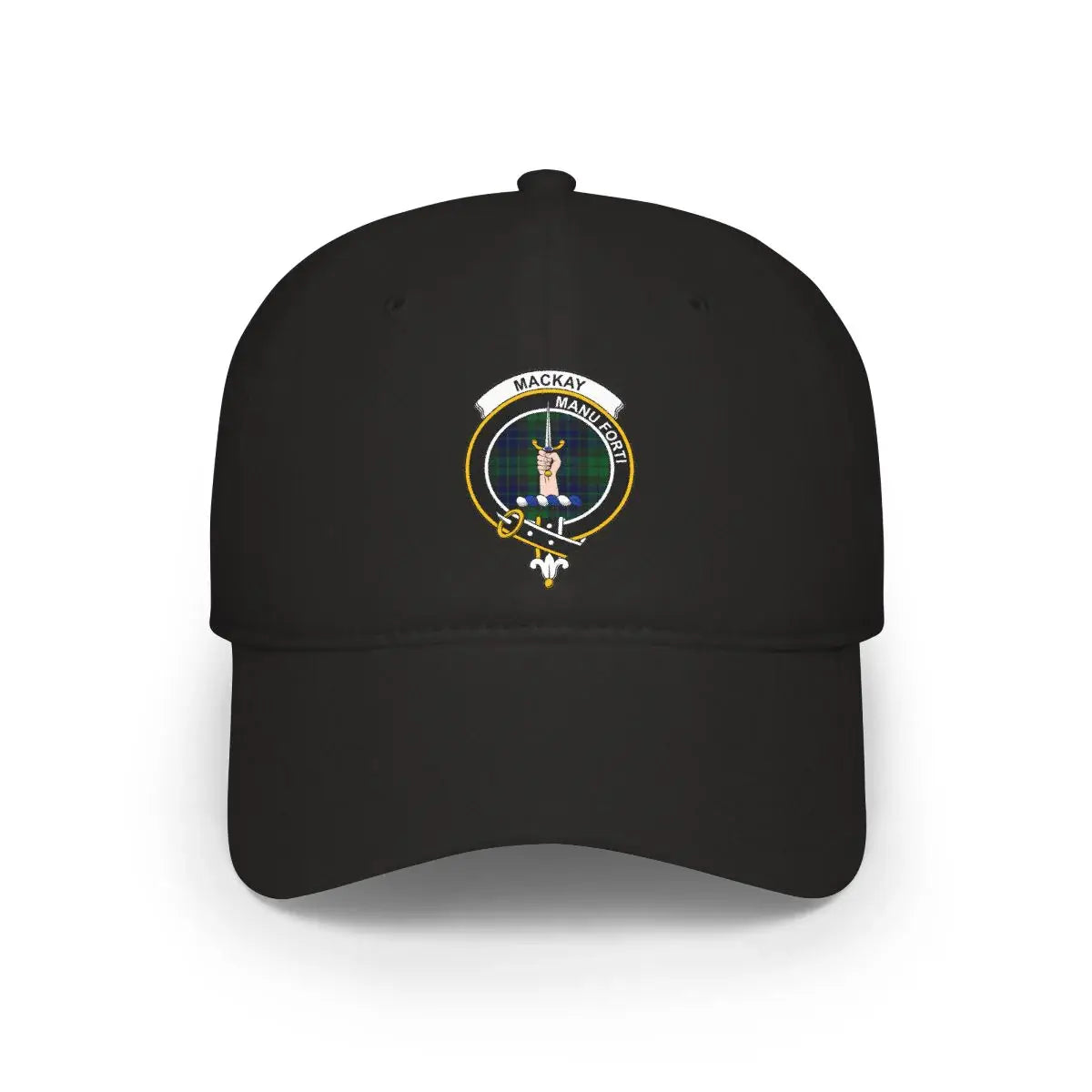 MacKay Manu Forti emblem black cap — 100% cotton with clan heraldic design