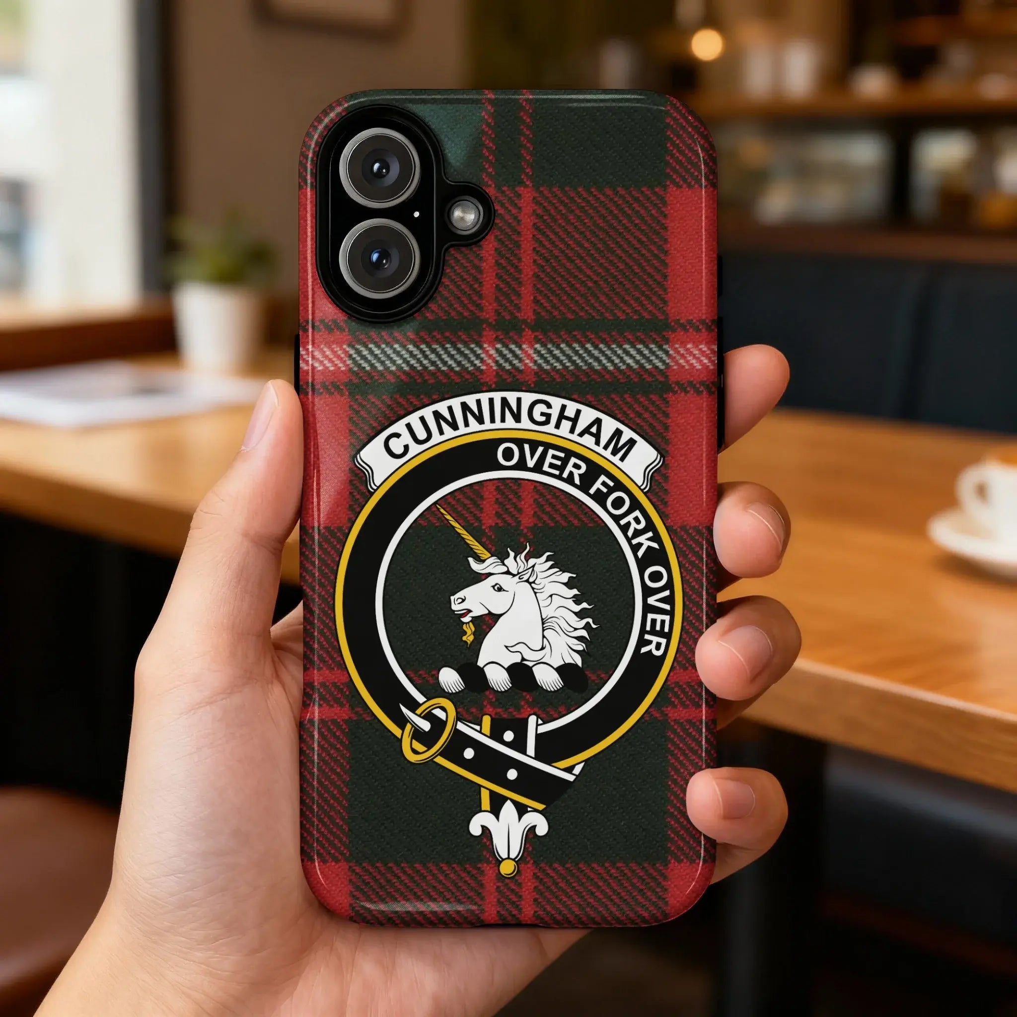 Cunningham clan tartan phone case — slim profile, precise port cutouts, gloss finish