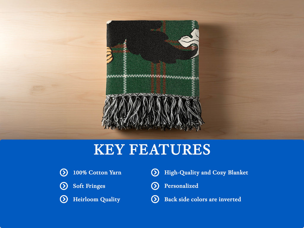 Black bear and plaid blanket with key features list.