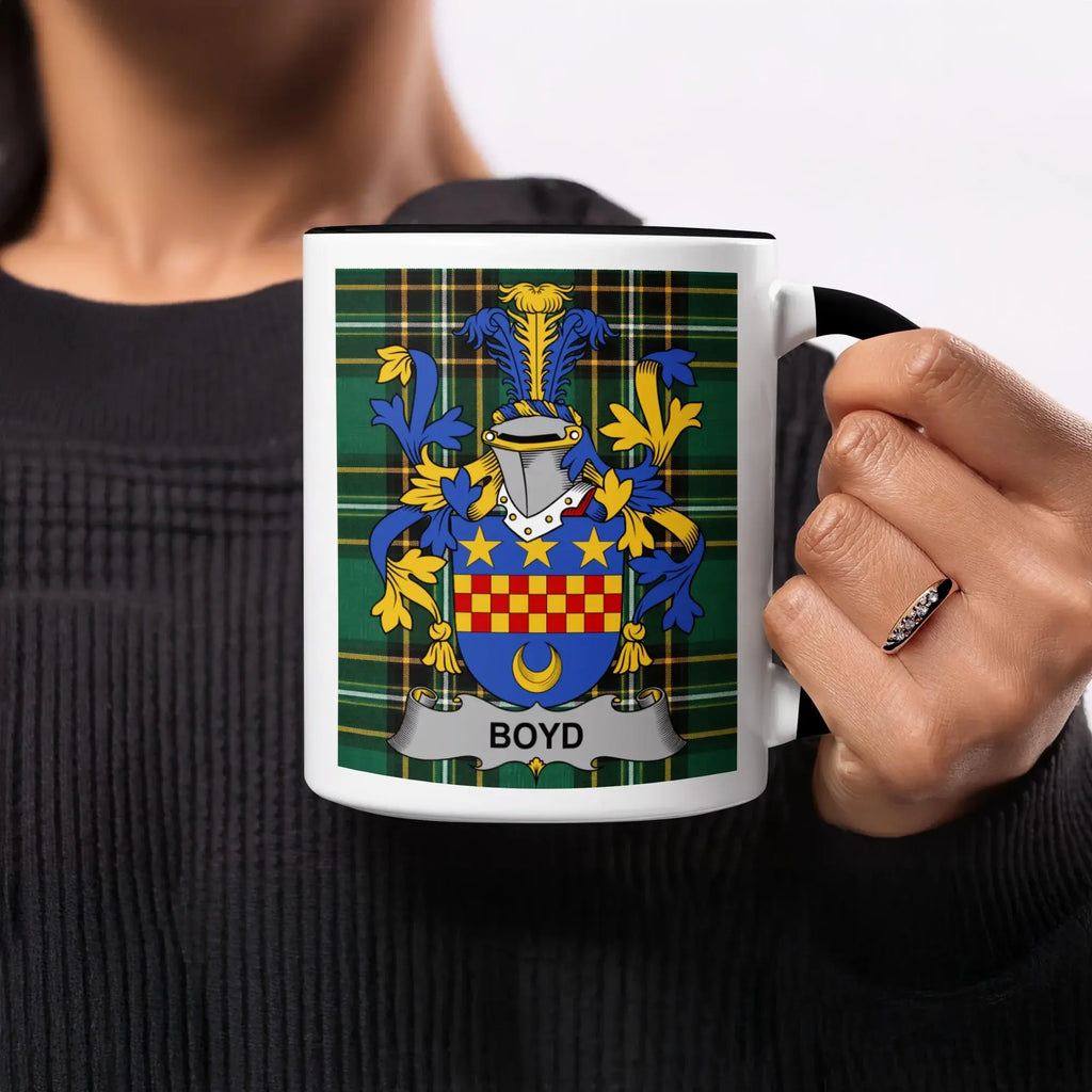 Boyd surname Irish tartan mug — blue green and gold plaid with family crest print