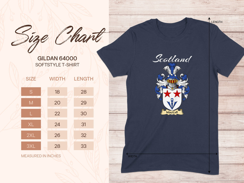 Gildan 64000 size chart for the MacCall unisex T-shirt, sizes S to 3XL