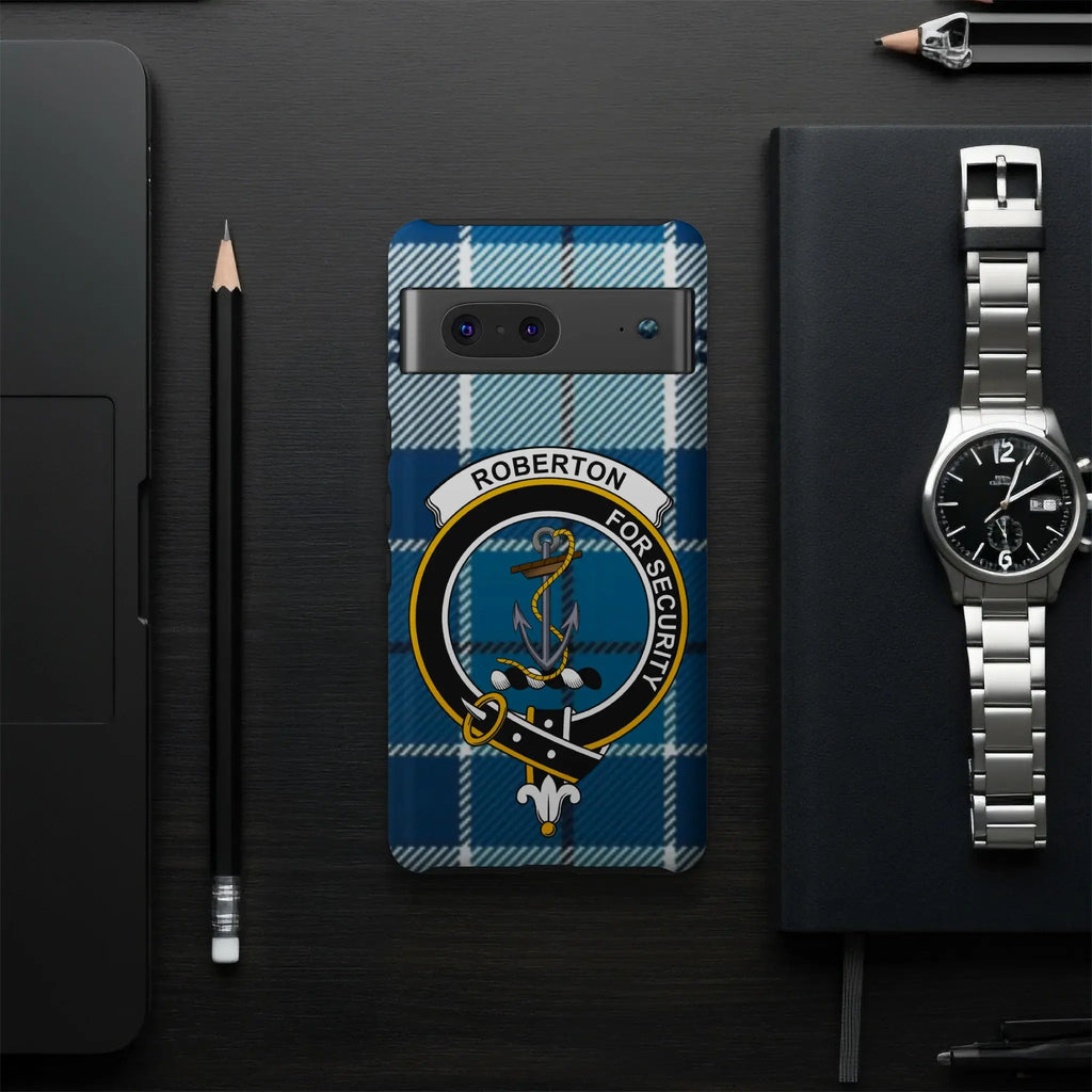 Robertson tartan crest phone case — slim dual-layer profile, Google Pixel shown