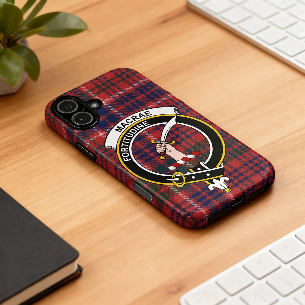 MacRae clan crest phone case on Samsung Galaxy — tartan and Fortitudine motto wrap print
