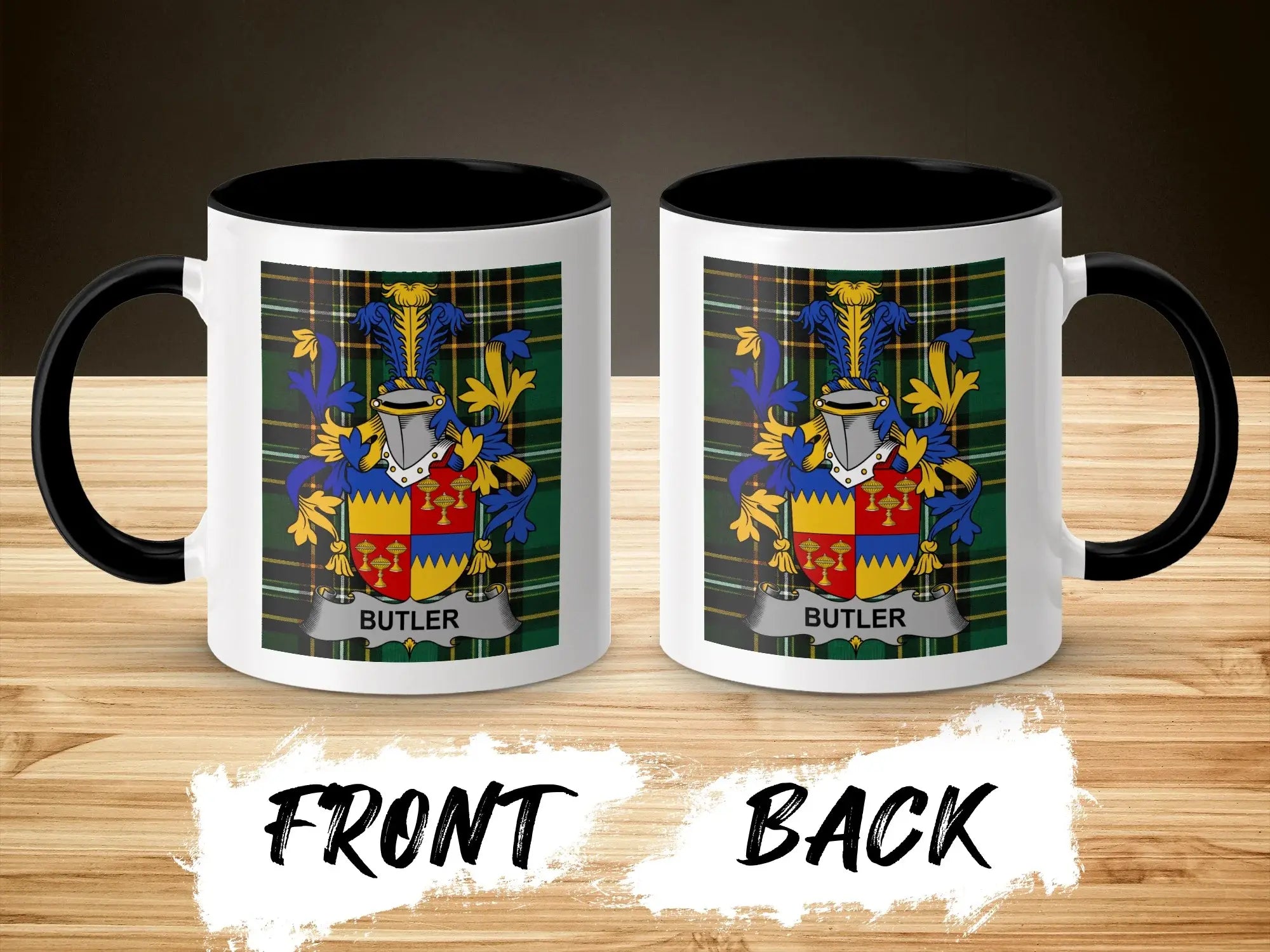 Butler family crest on black and white ceramic mug, front and back view.