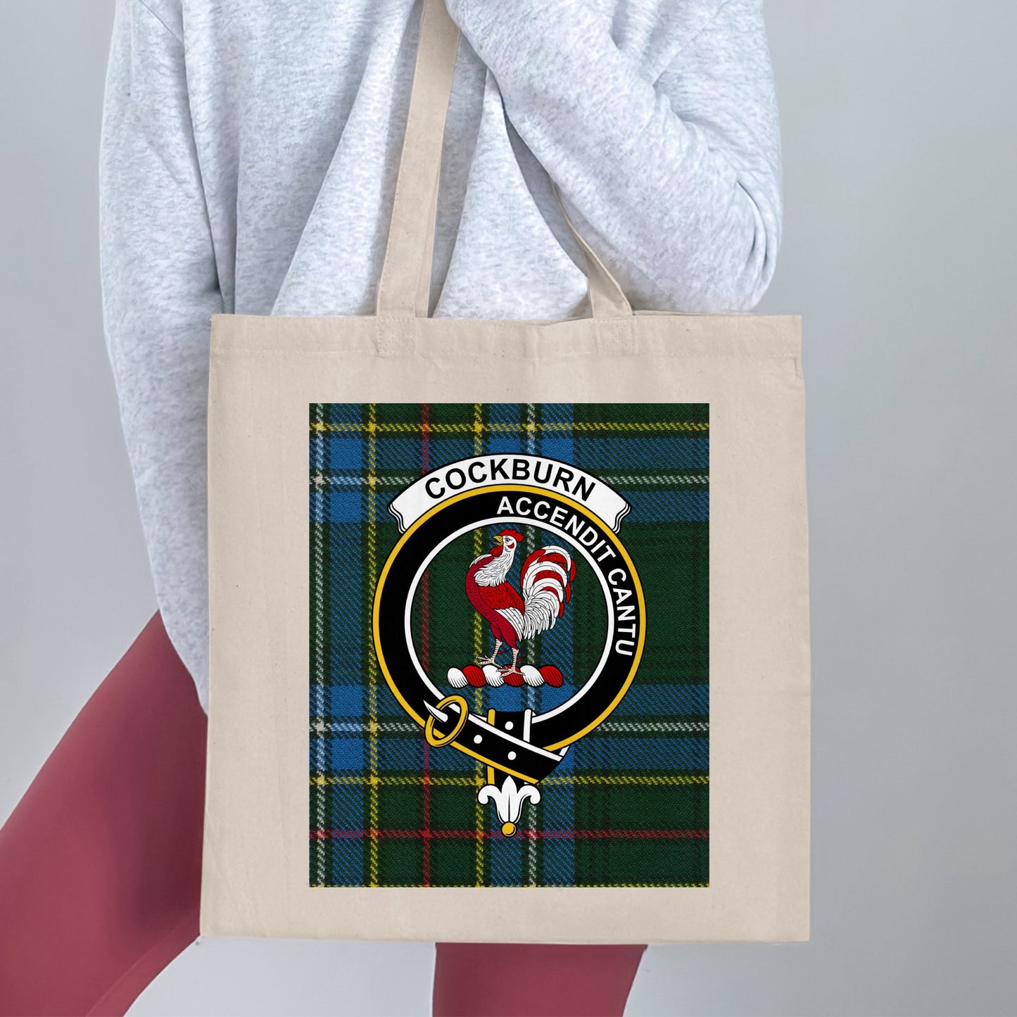 Cockburn Clan Crest on Tartan Scottish Background Tote Bag - Living Stone Gifts