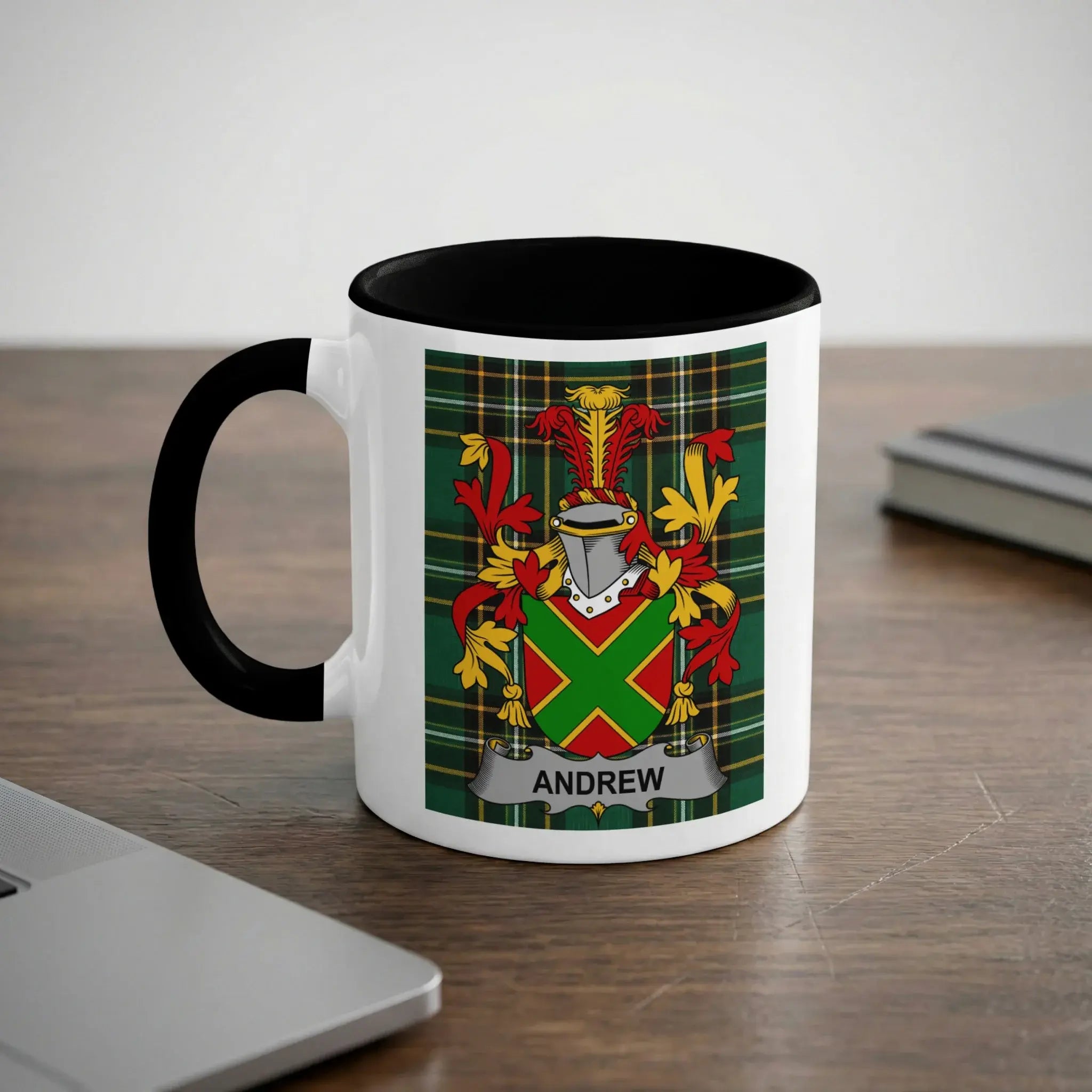 Mug with the Andrew family crest on a checkered background.