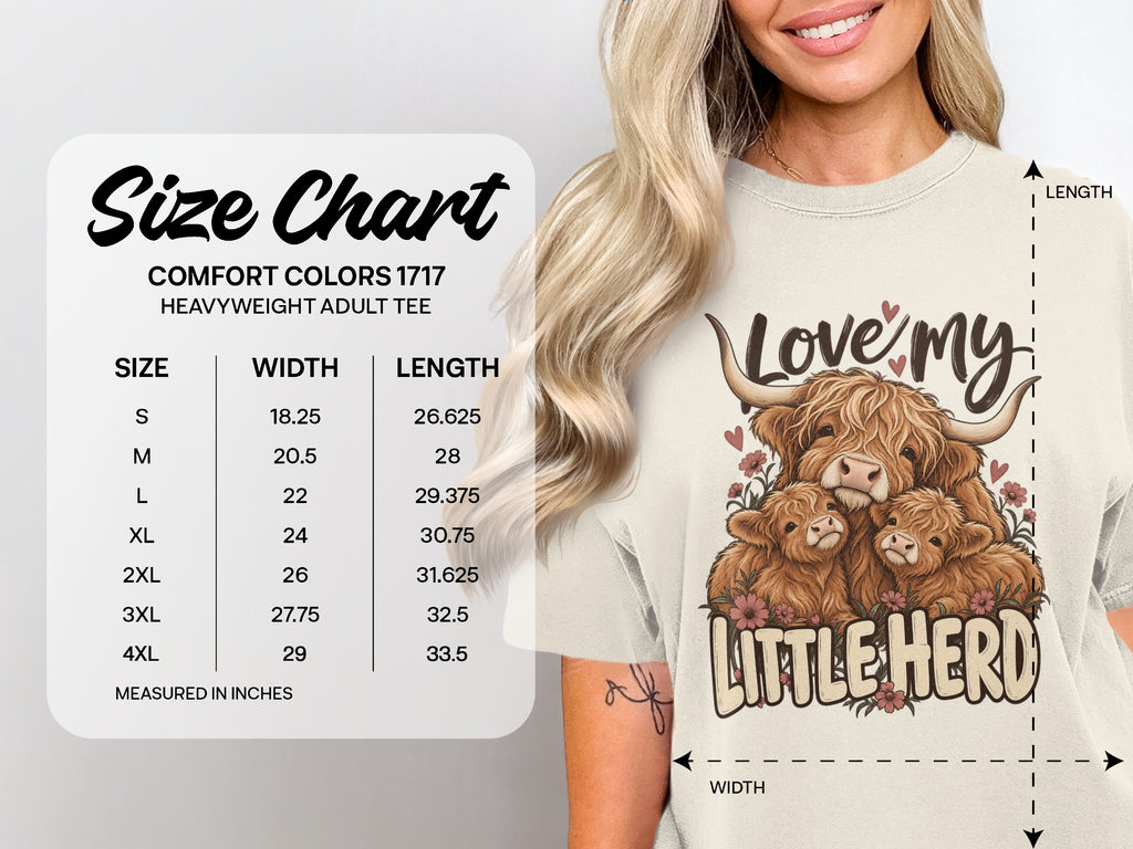 Comfort Colors 1717 size chart, S–4XL, for the Love My Little Herd Highland cow T-shirt