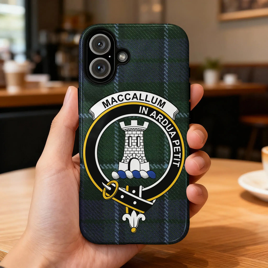 MacCallum clan tartan crest phone case — glossy full wrap print with In Ardua Petit