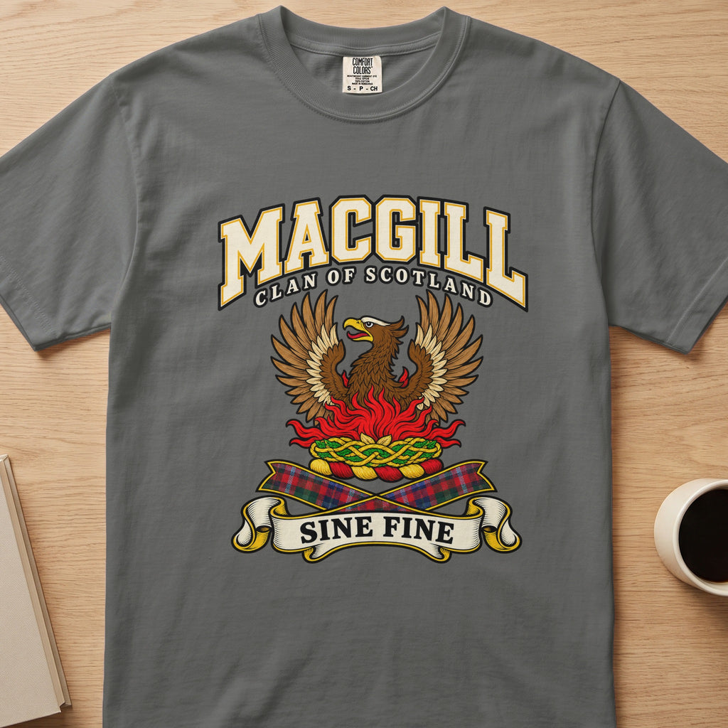 MacGill clan T-shirt in gray, front view with brown bird with raised wings above red flames