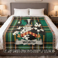 Tartan blanket with a coat of arms featuring the name "WORTH".