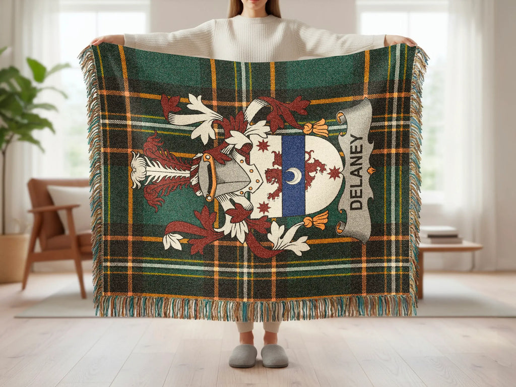 Delaney Clan Crest Dark Green Plaid Fringe Throw product type