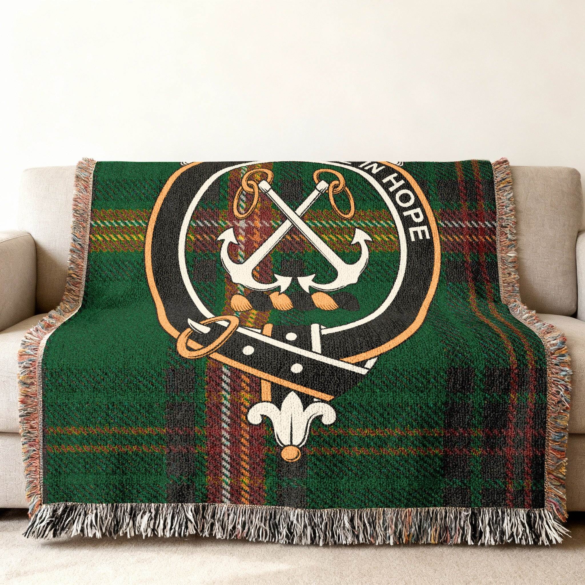 Decorative Green Anchors and Plaid Throw Blanket