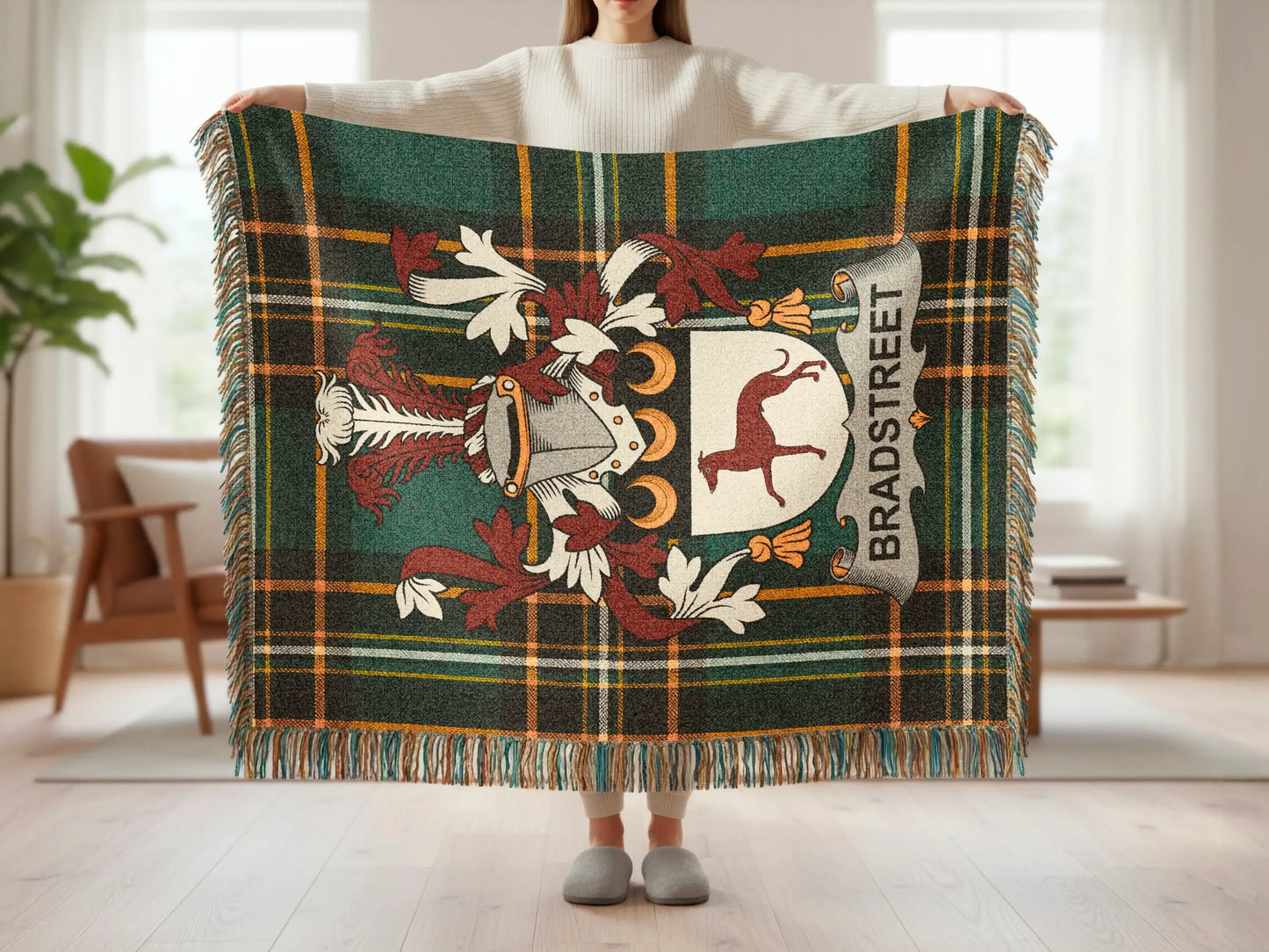 Bradstreet Plaid Crest Design Green Gold Brown Throw Blanket product type