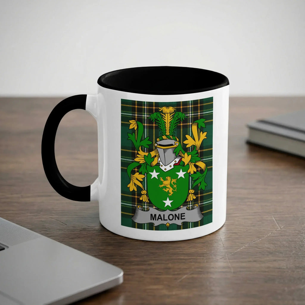 Mug featuring the Malone family crest with a green plaid background.