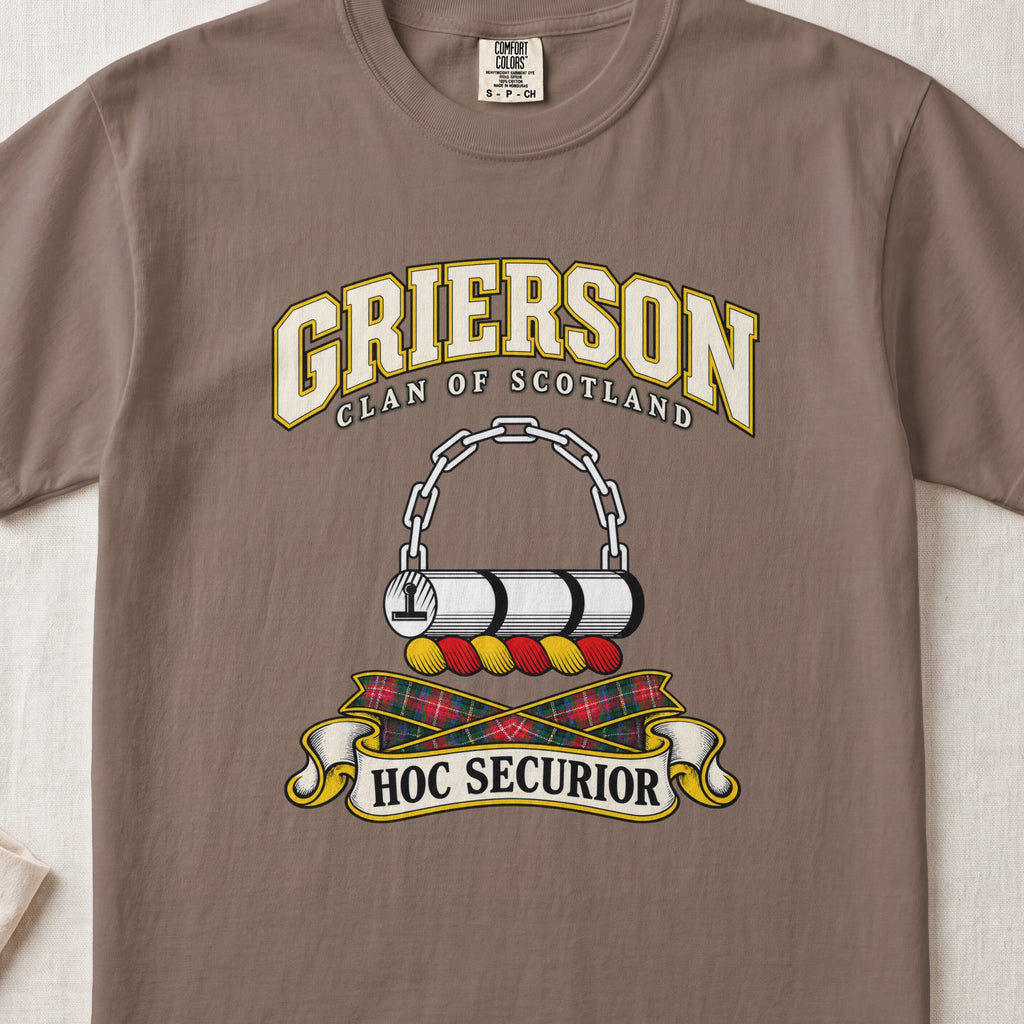Grierson Scottish clan T-shirt in Espresso, front view with a chained silver log and motto design.