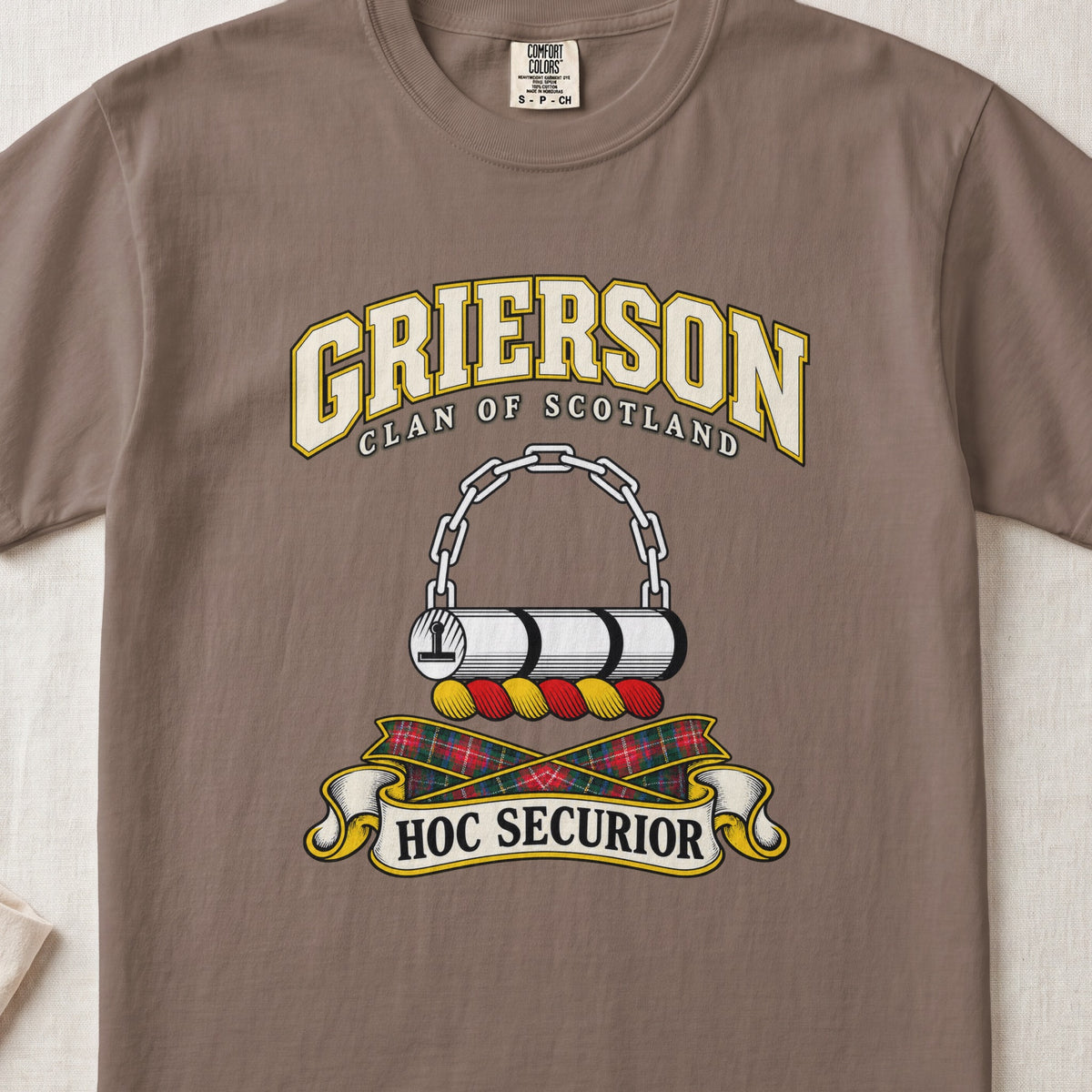 Grierson Scottish clan T-shirt in Espresso, front view with a chained silver log and motto design.