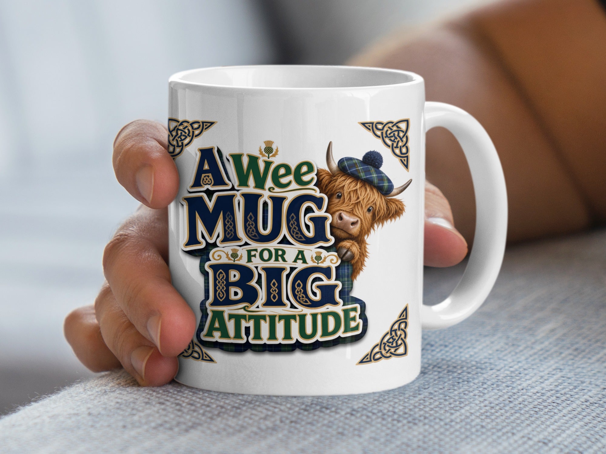 Mug with a Highland cow and text "A Wee Mug for a Big Attitude".