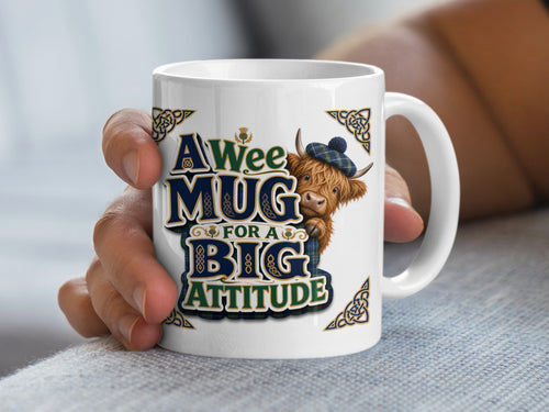 Mug with a Highland cow and text "A Wee Mug for a Big Attitude".