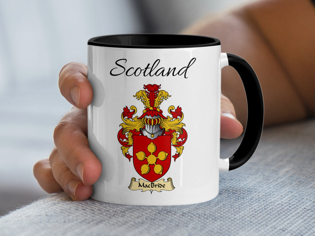 MacBride Scottish family crest accent mug with Scotland above the coat of arms design
