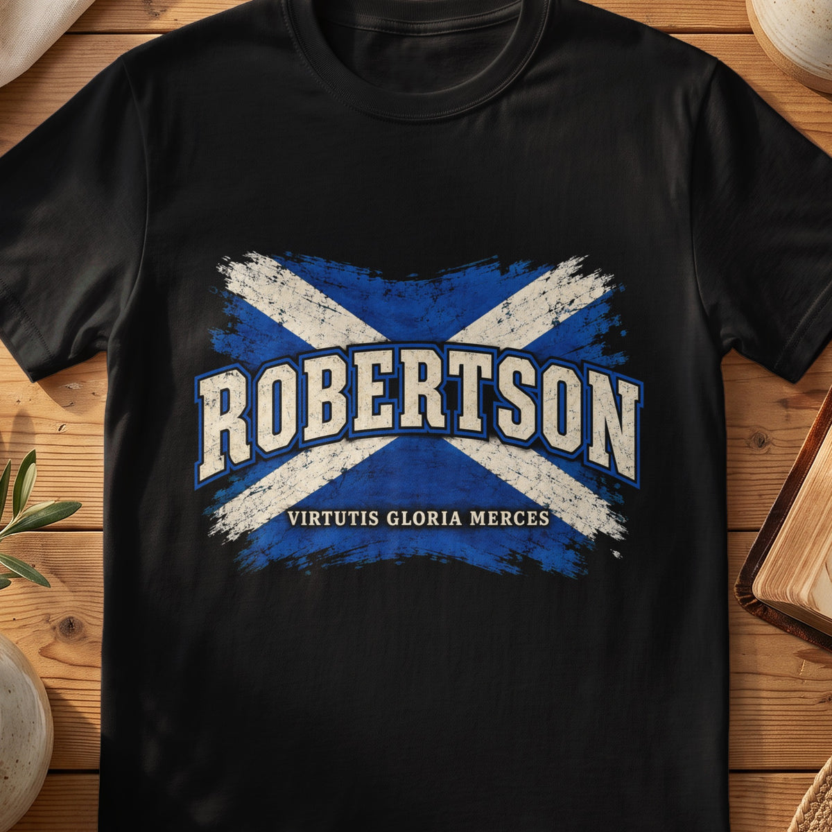 Robertson Scottish Saltire T-shirt in Black, with distressed blue and cream flag and “Virtutis Gloria Merces” lettering.