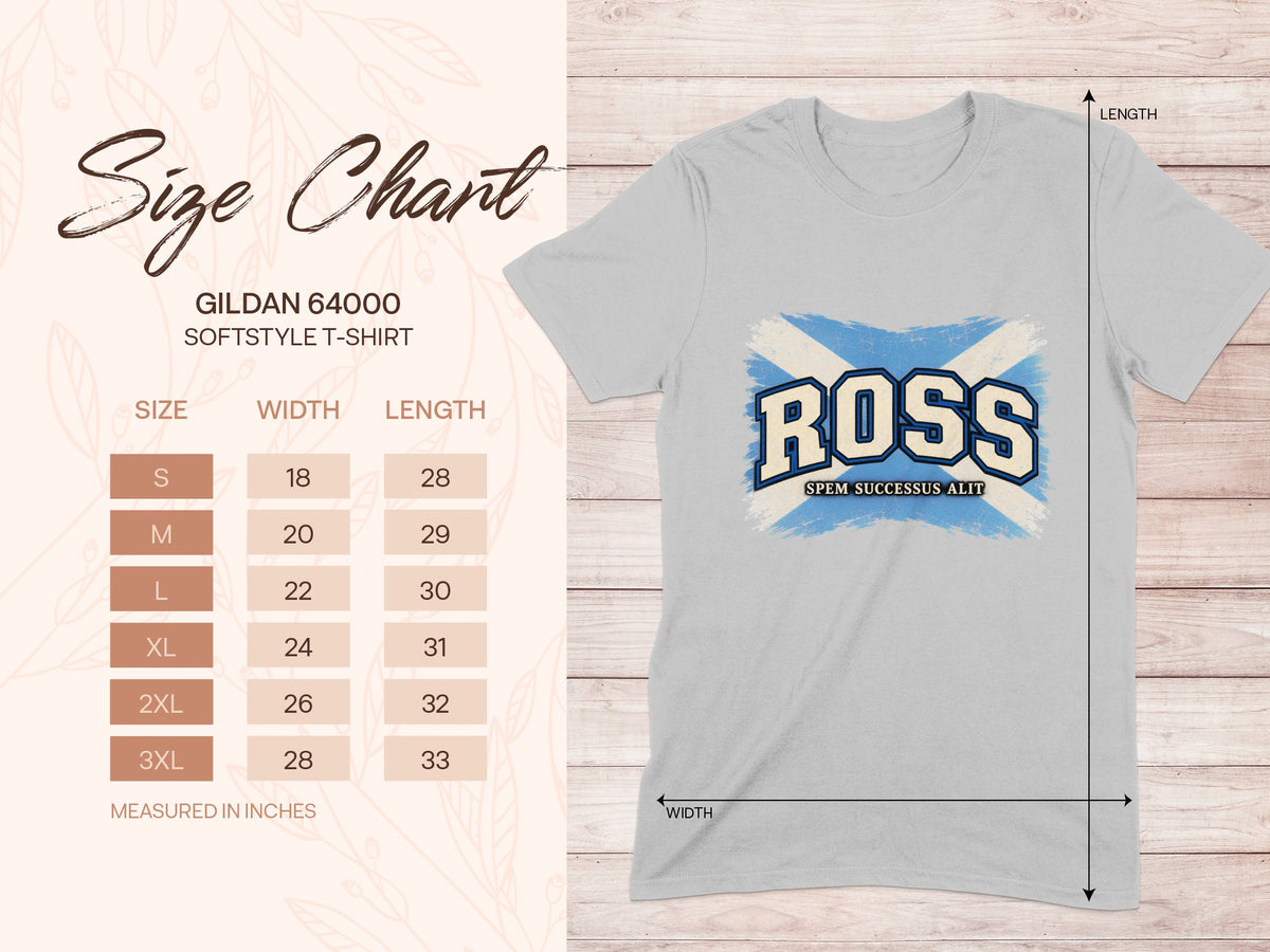 Gildan Softstyle 64000 size chart for the Ross Saltire T-shirt, showing shirt width and length in inches.