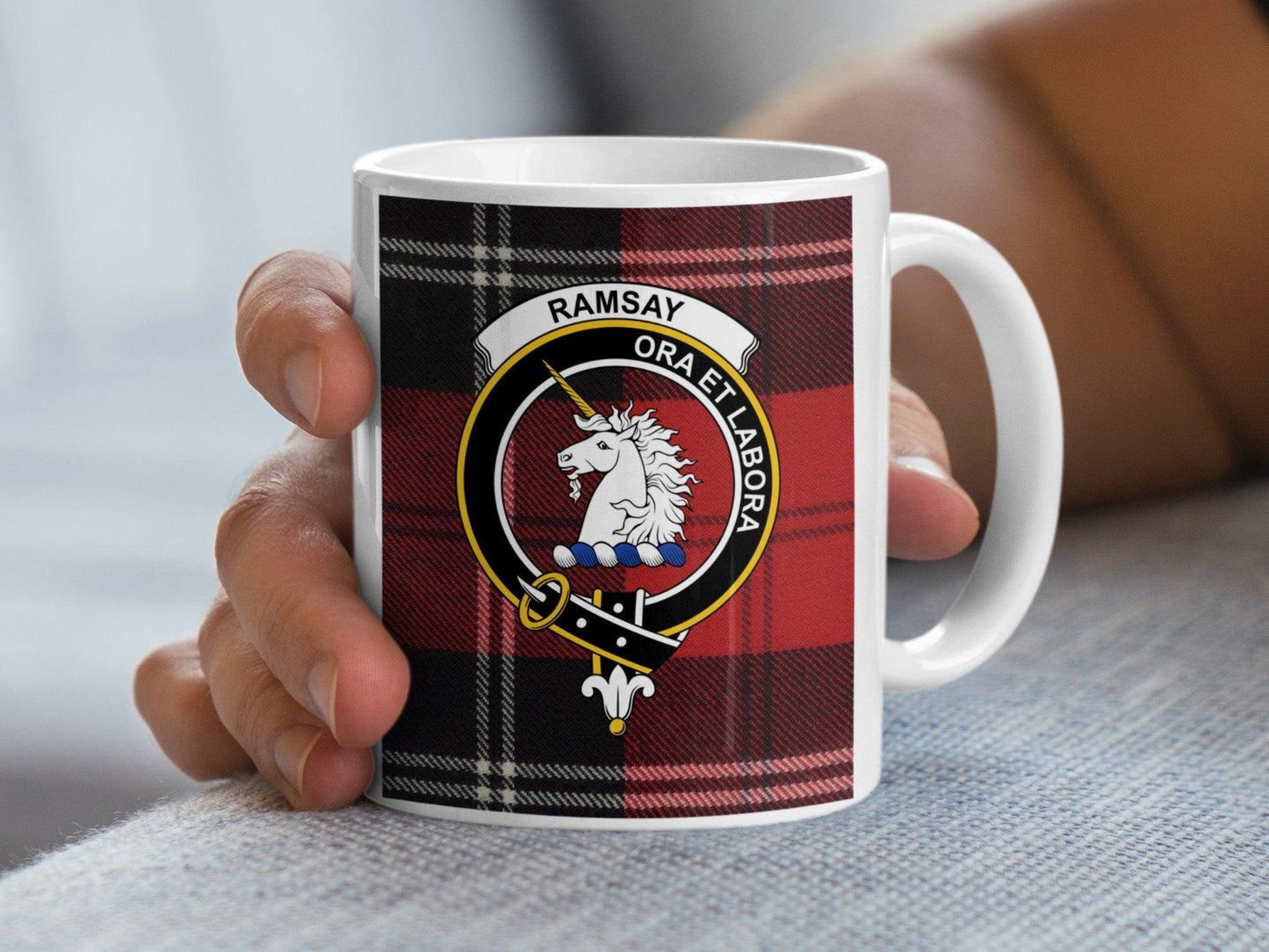 Scottish Clan Ramsay Crest Tartan Ora et Labora Mug - Living Stone Gifts