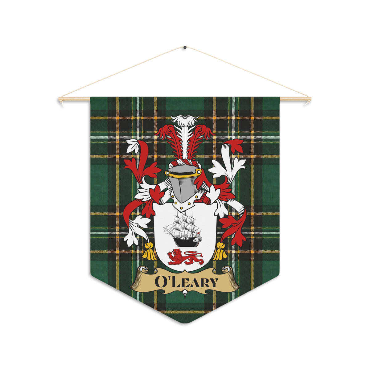 O'Leary family crest on a green tartan pennant banner hanging from a wooden rod.