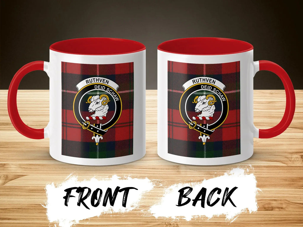 Clan Ruthven tartan mug with black handle — ram crest, 15oz glossy ceramic