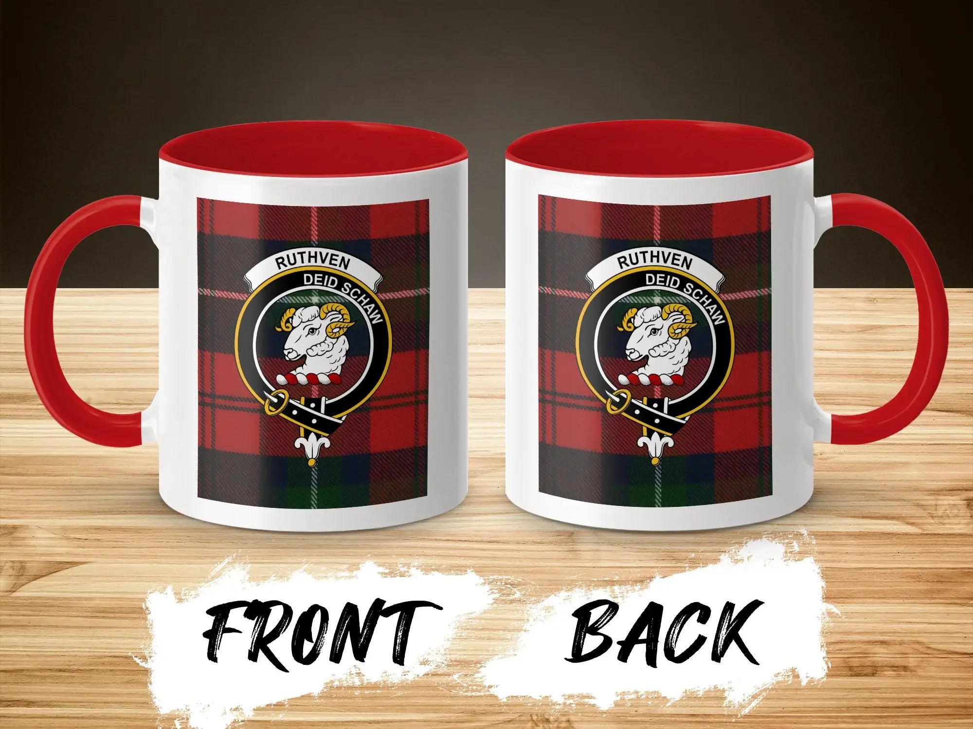 Clan Ruthven tartan mug with black handle — ram crest, 15oz glossy ceramic