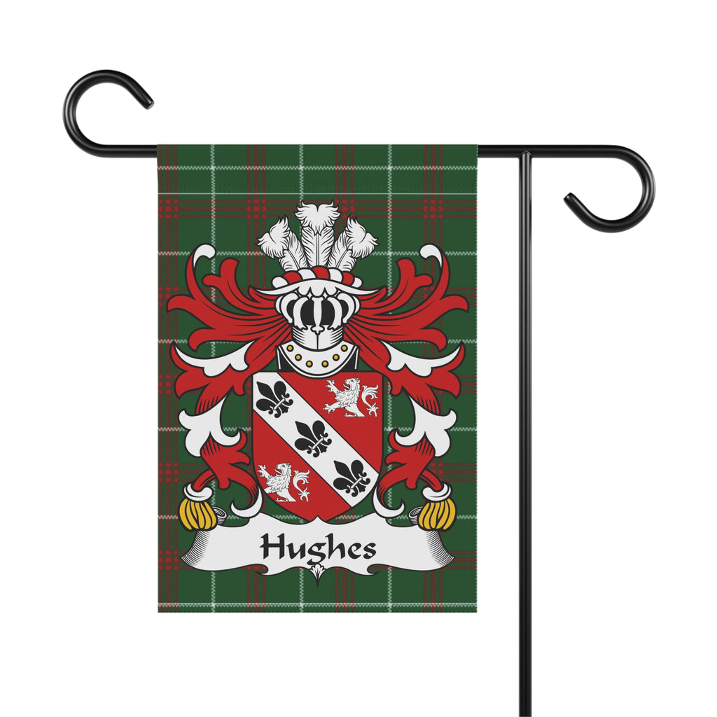 Hughes family crest on a green plaid garden flag with decorative border.